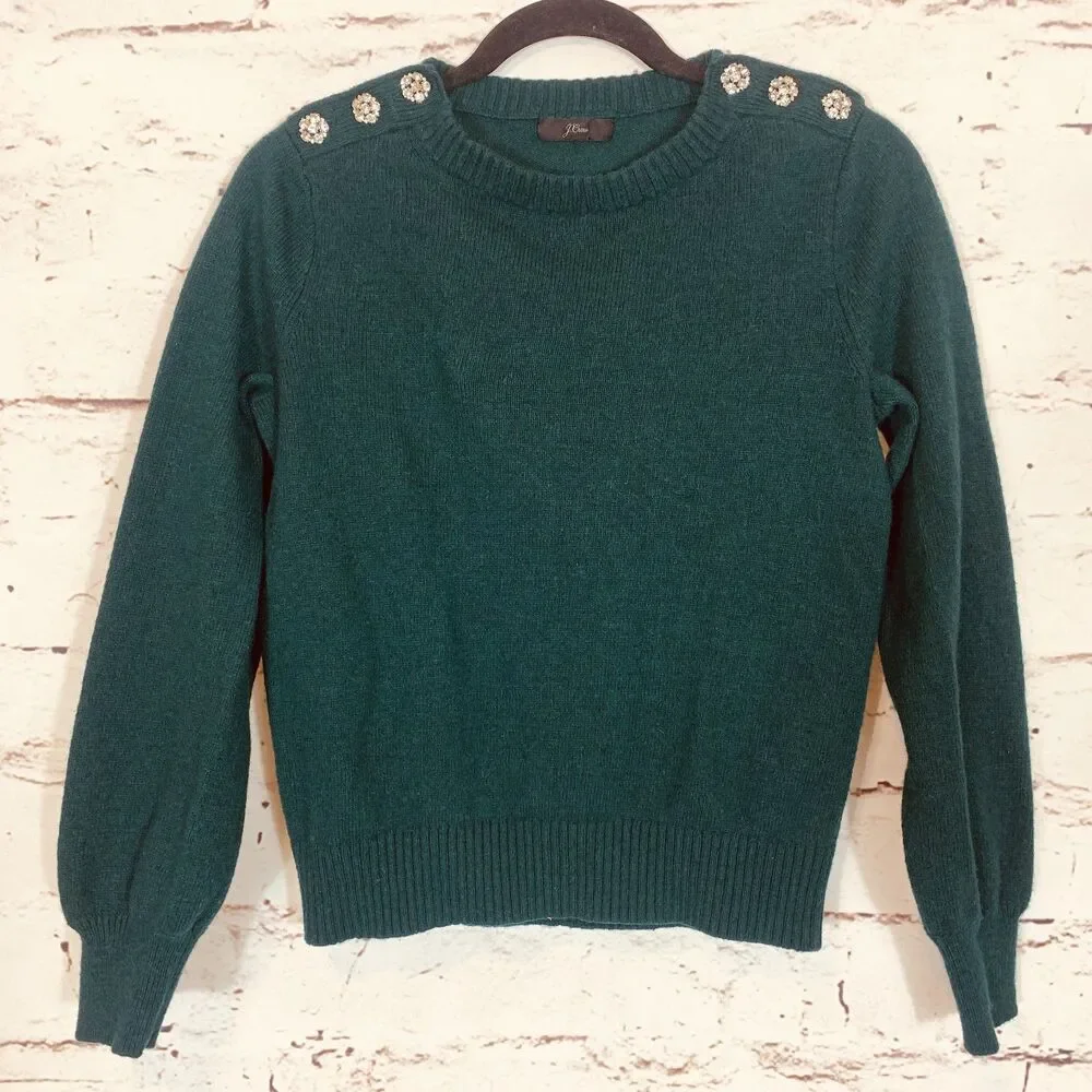 J. Crew Lambs Wool Blend Jewel Shoulder Sweater Emerald Green Women’s Small